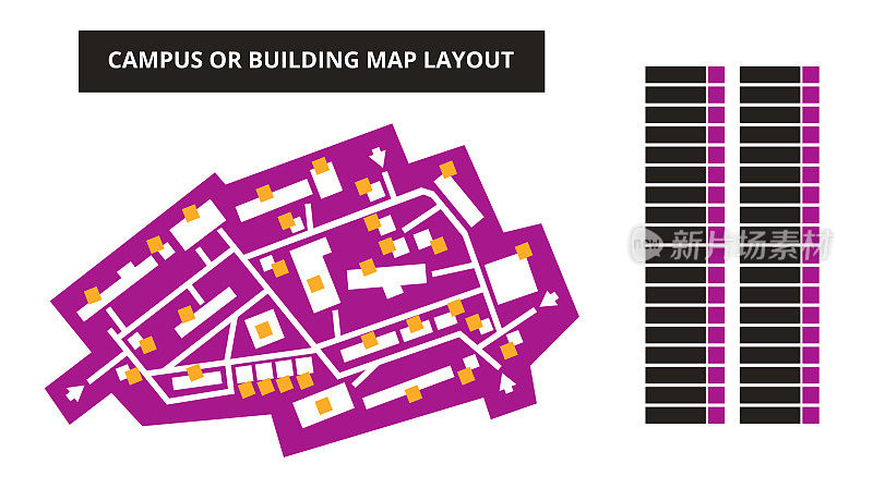 Vector editable floor plan with fields for logos or titles – campus or building map in violet color isolated on a white background. Suitable as a map of shopping mall, production hall, festival, shop.